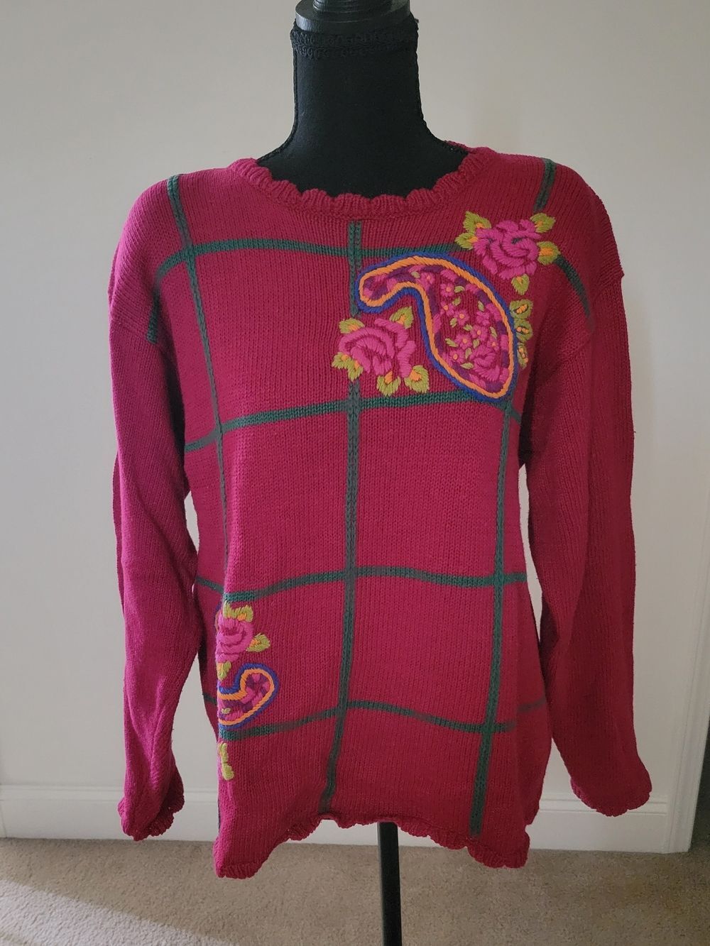 Vntg Herman Geist Hand Embroidered Knit Pullover Sweater Burgundy Buttermom M